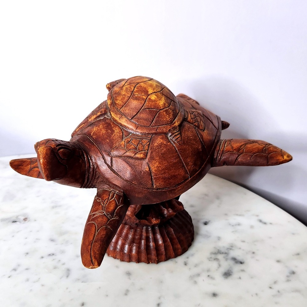 Carved Wood Turtle Statue Sculpture Figurine Baby Turtle Rustic Coastal Beach